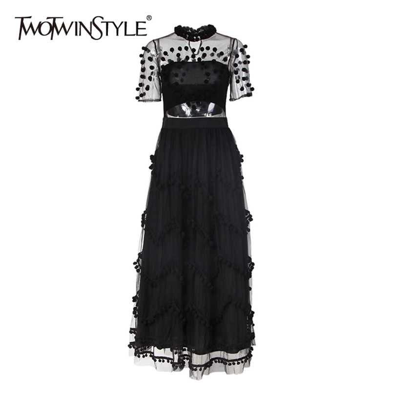 

Heavy Hair Bulb Patchwork Party Dresses For Women O Neck Short Sleeve Perspective Mesh Dress Female Spring 210520, Black