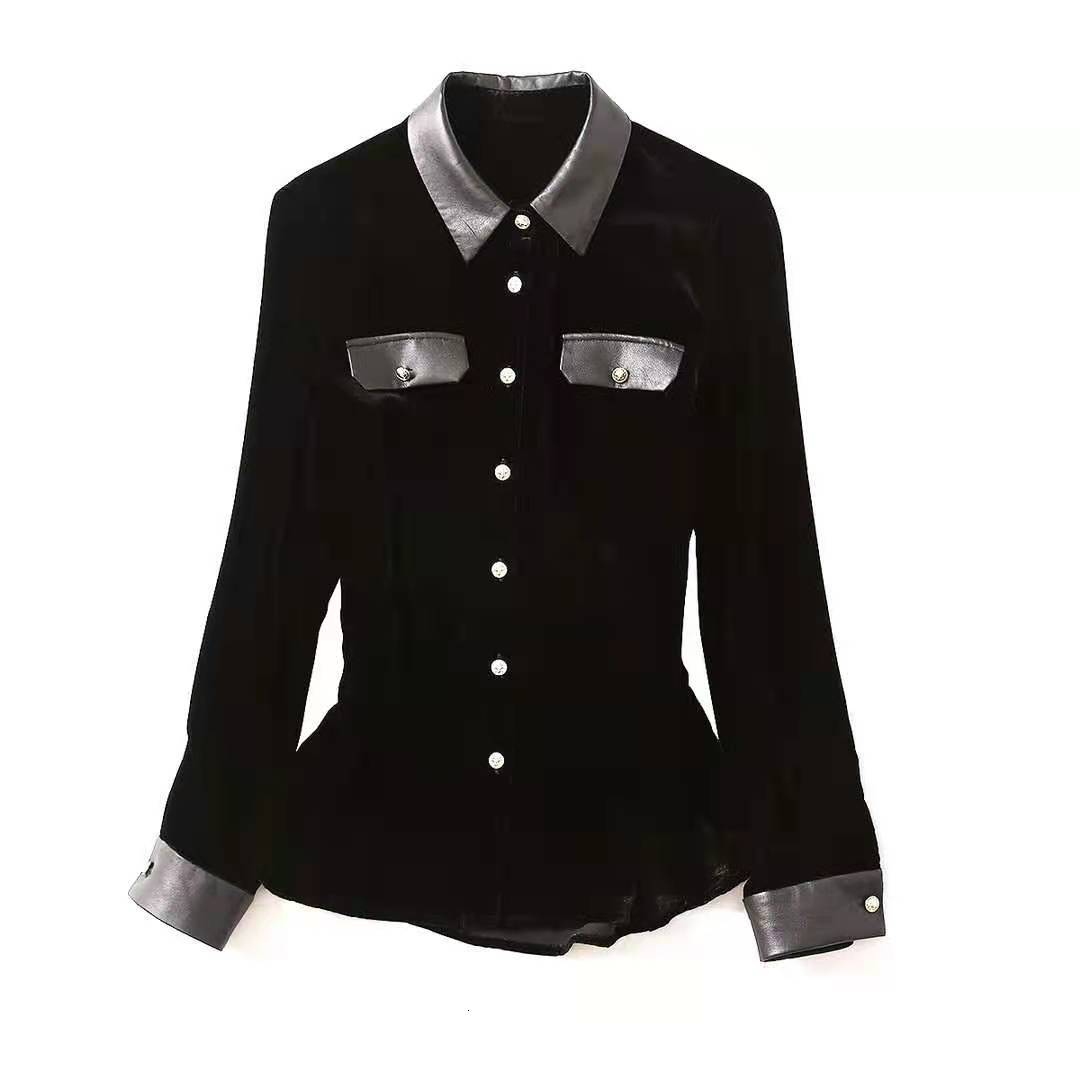

Women' Blouses & Shirts European and American clothing The winter Long - sleeved lapel velvet spliced leather fashion shirt EWMK, Black