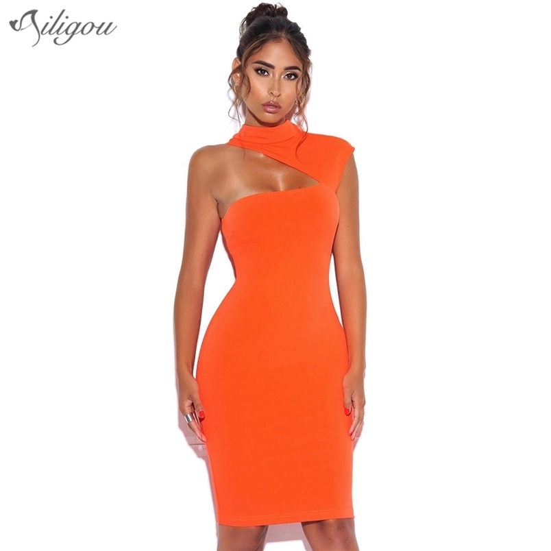 

Solid Women Summer Sexy One Shoulder Orange White Bandage Dress Designer Fashion Party Vestido 210525