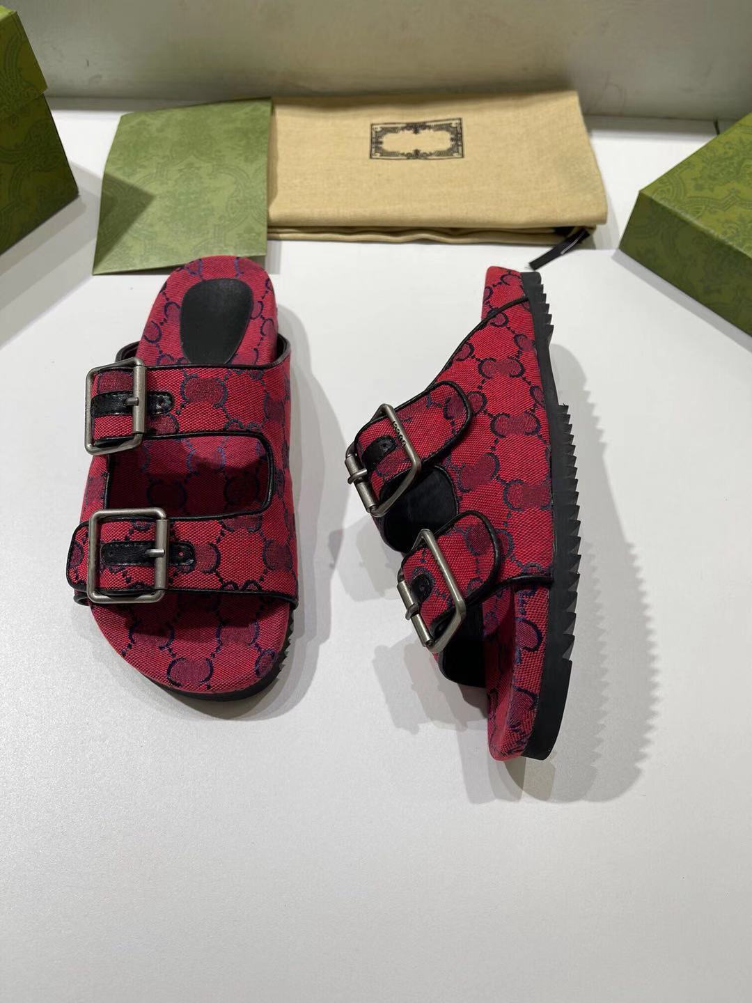 

2021 Women Multicolor Flat Slippers Sandals With 2 Straps Lady Fashion Metal Buckle Beach Slides Men's lace-up Scuffs For Summer 35-42, Red