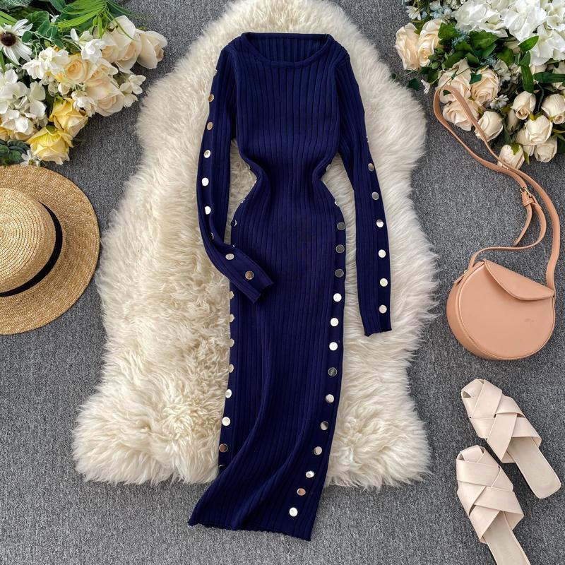 

vintage 2021 slim button autumn dresses winter sweater bodycon knitted midi pencil dress party women office soft vestidos, Black;gray