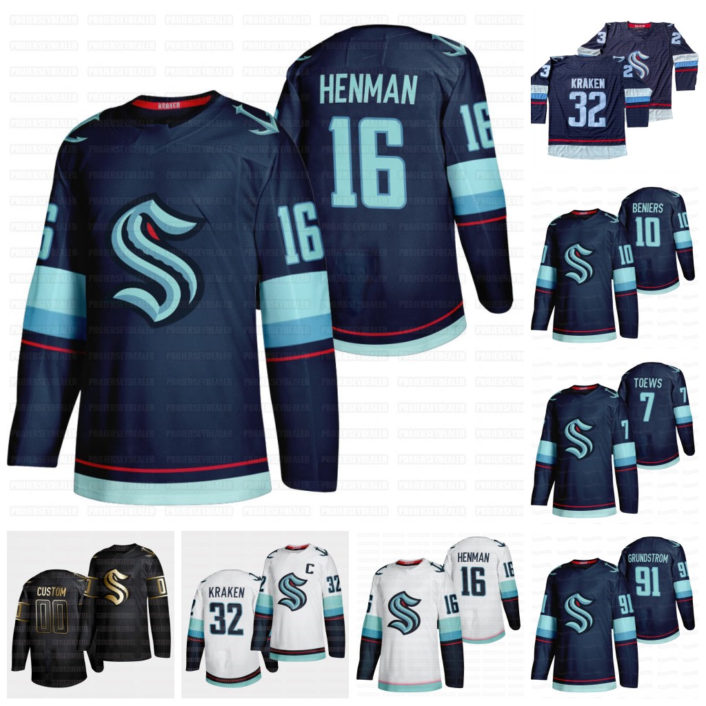 

Seattle Kraken 16 Luke Henman 2021 Jersey Yanni Gourde Brandon Tanev Jared Mccann Borgen Jeremy Lauzon Dennis Cholowski Chris Driedger Cale Fleury Daccord Bastian, Home blue youth s-xl