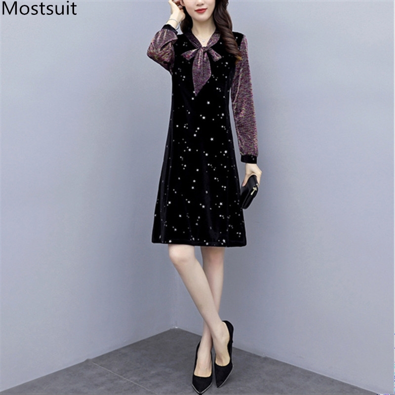 

Autumn Winter Dress Women Plus Size Elegant Fashion Velvet es Shinny Stars Long Sleeve Bow Collar Bodycon Party 210518, Black