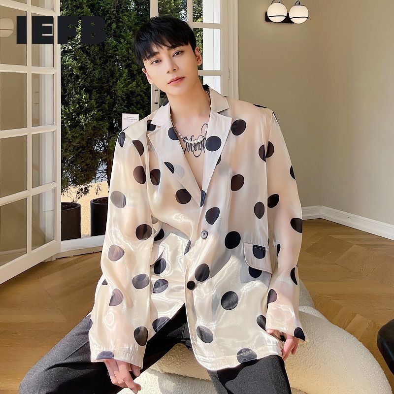 

IEFB Summer Personality Wave Dot Moyun Yarn Lightweight Temperament Trend Men's Blazer Sunscreen Suit Coat 9Y7074 210524, Apricot