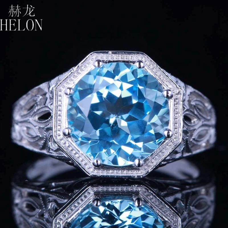 

Cluster Rings HELON Solid 14K White Gold Flawless 10mm Round Genuine Natural Blue Topaz Gemstone Engagement Wedding Ring Women Vintage, Golden;silver