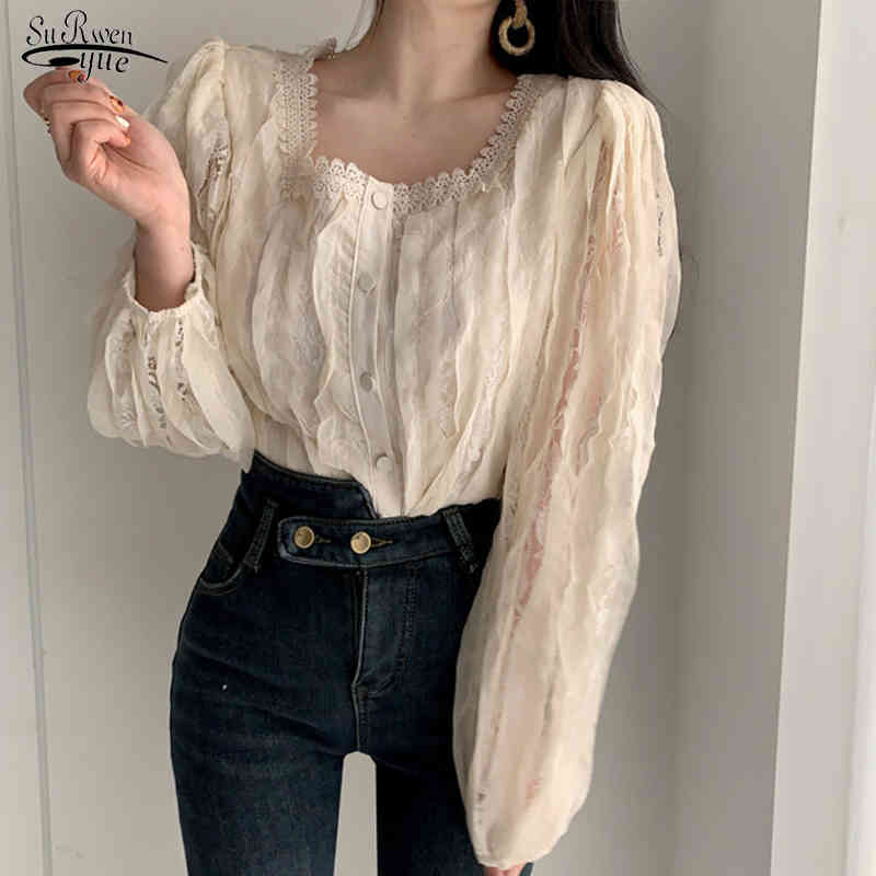 

Spring See Through Square Collar Women's Blouse Korean Retro Sweet Long Sleeve Lace Shirts Cotton with Buttons 13340 210521, Black