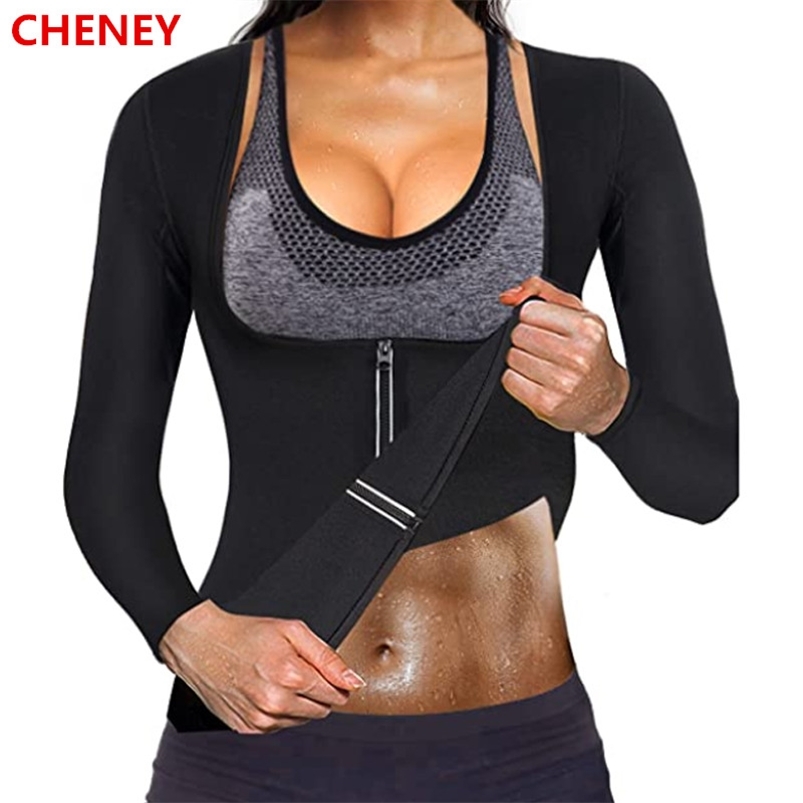 

Women Neoprene Weight Loss Top Sweat Workout Long Sleeve T Shirt Body Shaper Sauna Suit Fat Waist Trainer Corsets 210708, Black