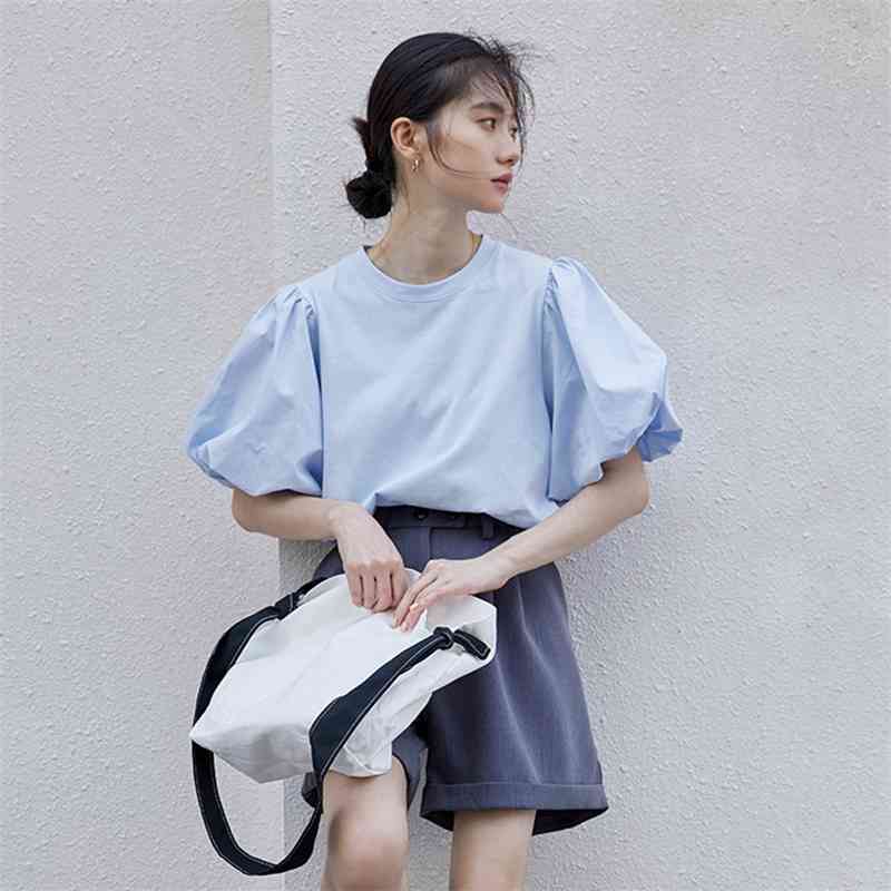 

Fashion Women Puff Sleeve T-Shirt O Neck Loose Pullover T-Shirts Summer Casual Blue Tops 210520, Photo color