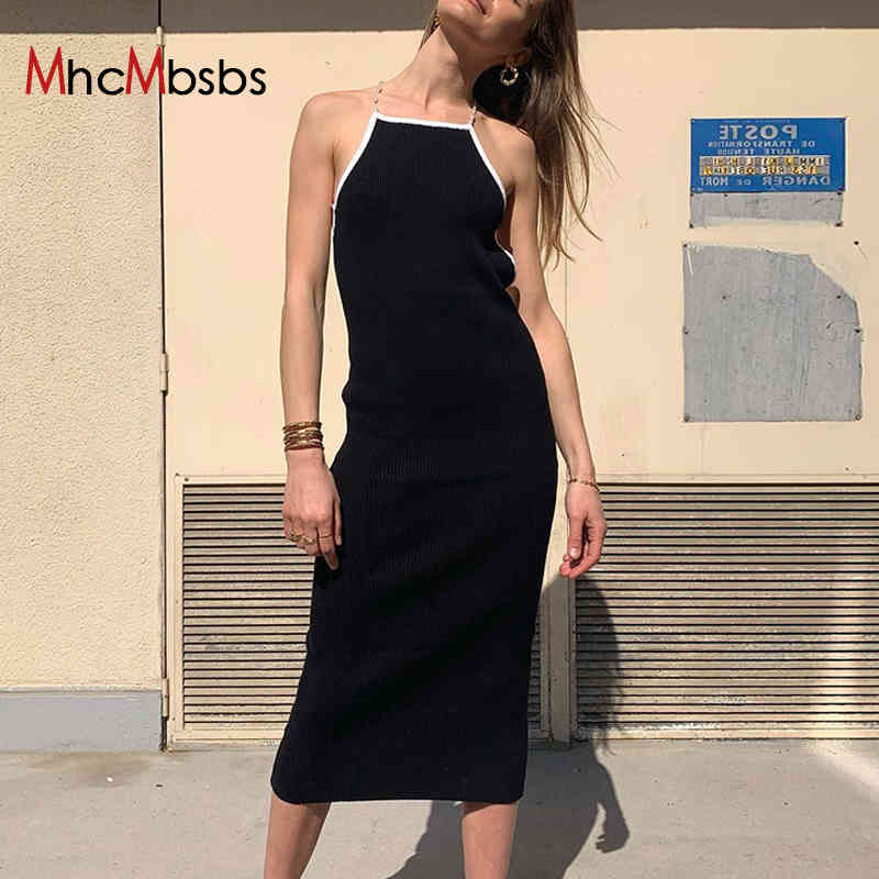 

Women Sexy Backless Midi Dress White Trim Sleeveless Black Ribbed Dresses Handmade Pearl Halter Neck Robe Summer 210517