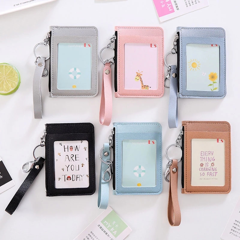 

High Quality PU Leather Women Credit Cards Case Business Card Holder Student Card Bag ID Card Wallet With Keychain And Coin Purse