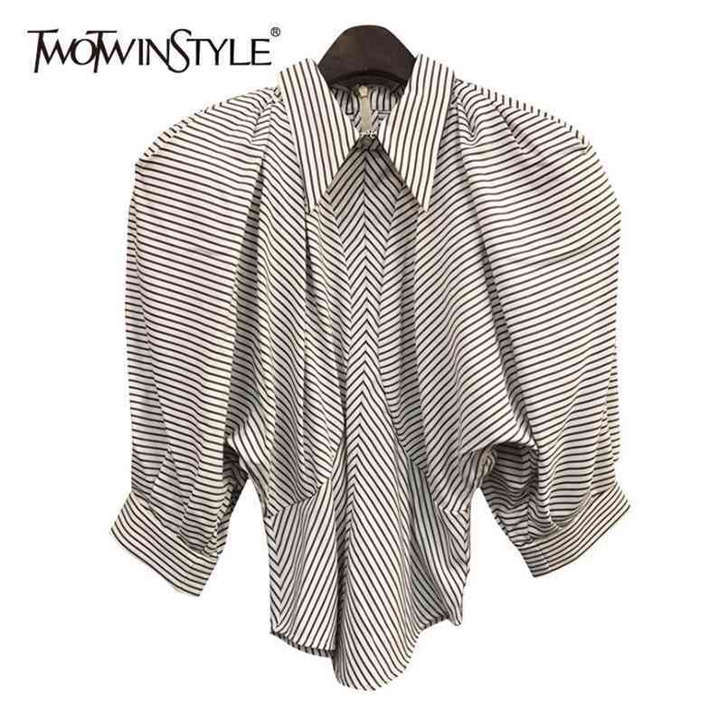 

Casual Minimalist Shirts For Women Lapel Puff Half Sleeve Straight Striped Blouses Female Spring Fashion Style 210524, Aspicture