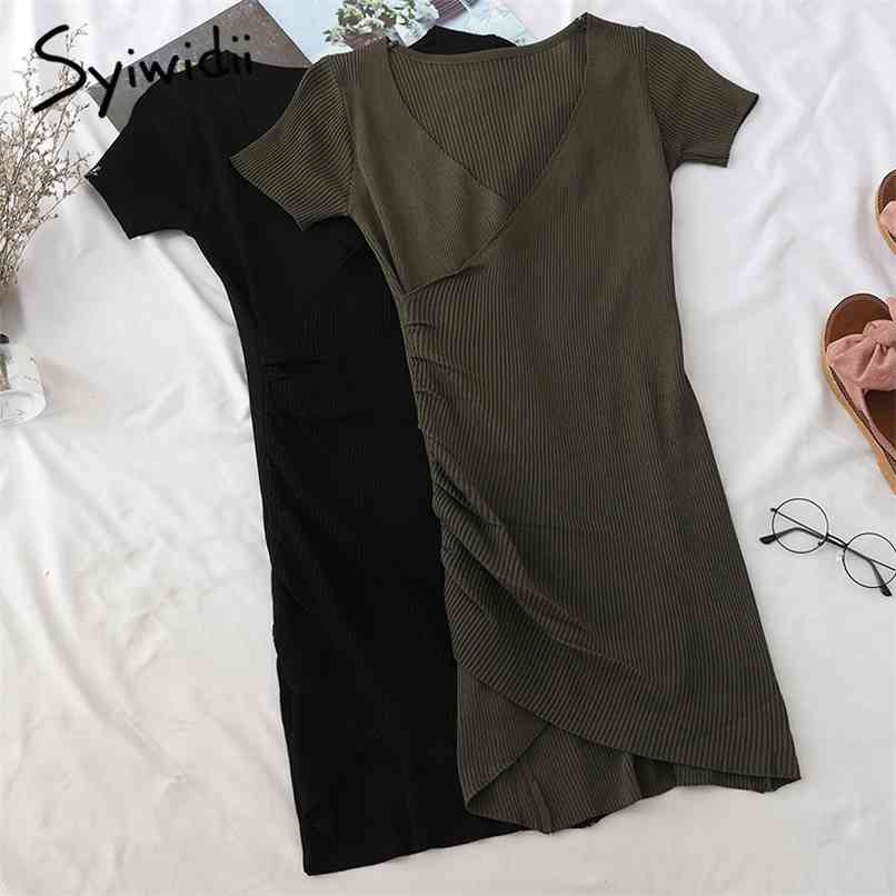 

Asymmetric High Waist Dresses Women Short Sleeve Sexy V-Neck A-line Unicolor Clothing Summer Korean Fashion 210607, Black
