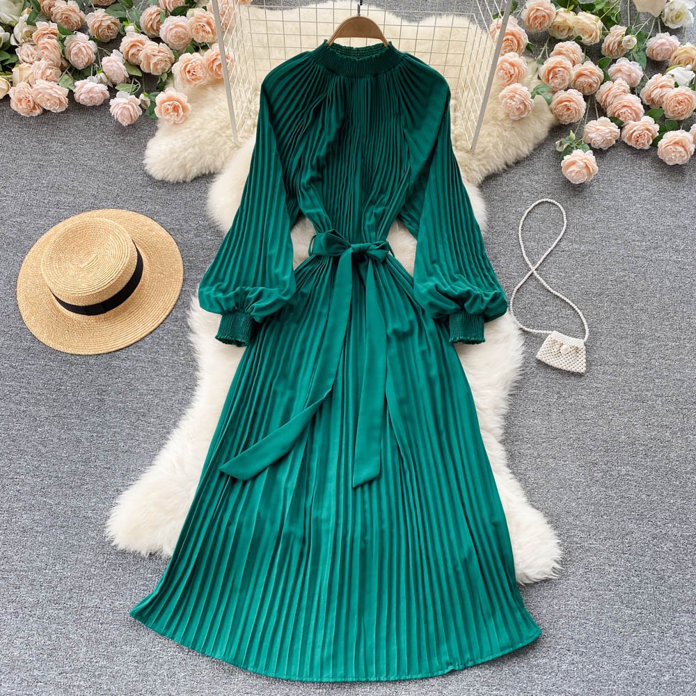 

Vintage Women Pleated Long Dress Spring Autumn Red/Brown/Green Draped Vestidos Female Elegant Lantern Sleeve Casual Robe New 2022, Same as picture