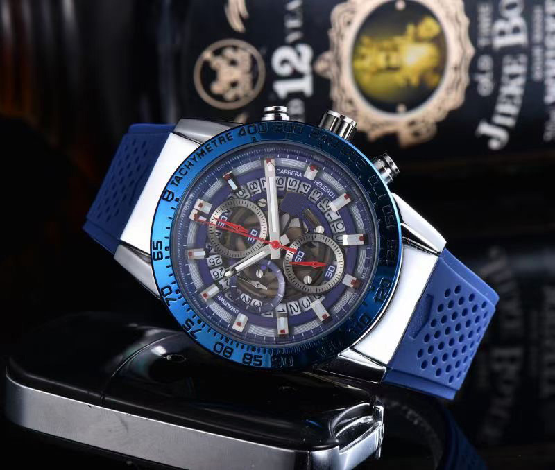 

Brand Watch Men Multifunction style Rubber Calendar quartz wrist Watches Small dials can work TA43, Blue