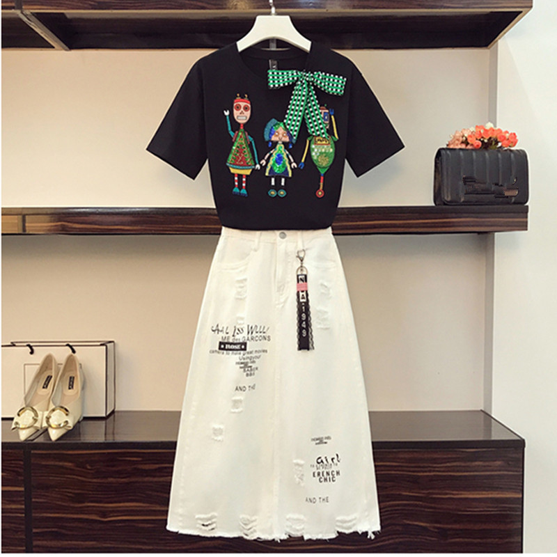 

High Quality Sequines Cartoon character embroidery Tshirt Two pieceHigh Waist Hole Letter printted White Denim Skirt set Female 210525, Only black tshirt