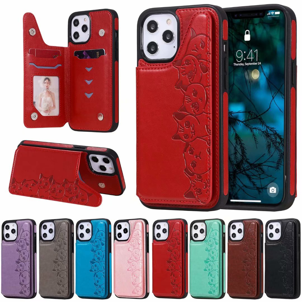 

Shockproof Phone Cases for iPhone 12 Mini 11 Pro X XR XS Max 7 8 Samsung Galaxy Note20 S21 S20 Ultra Note10 S10 Plus 6 Cats Dual Buckle PU Leather Bracket Protective Case, Red