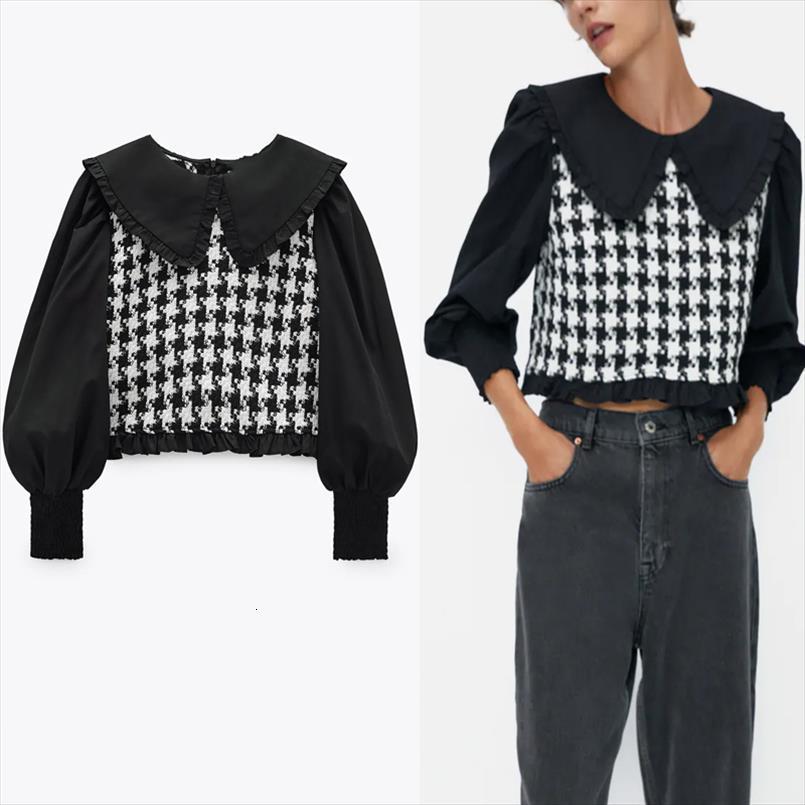 

Za Patchwork Tweed Crop Women Shirts Long Puff Sleeve Peter Pan Collar Vintage Woman Fashion Ruffle Black Short Top, White
