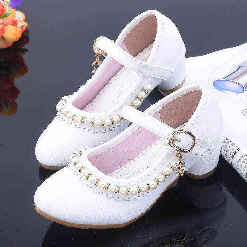 

Princess Girl Shoes Children High Heels Pink Child With Beading White Leather Party Girls Dress Mary Jane Louboutin Female Shoes AA220311