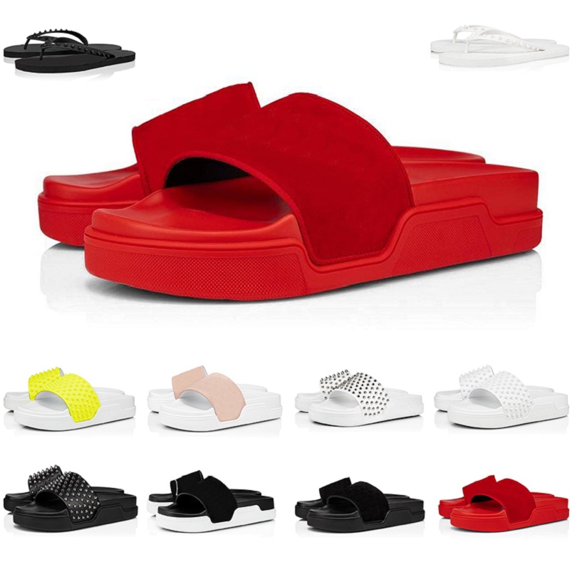 

sell well luxury red bottoms men slippers slides triple black white spikes women mens flat flip flops beach hotel platform sandals 38-46, Color#14