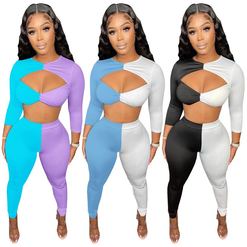 

Women' Two Piece Pants Tracksuit Fashion Sexy Splicing Hole Personalized Set Outfits, Black