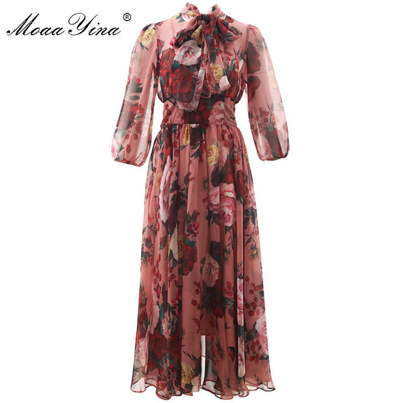 

Fashion Designer Runway dress Spring Summer Women Pink Dress Bow collar Rose Floral-Print Elegant Chiffon Dresses 210524