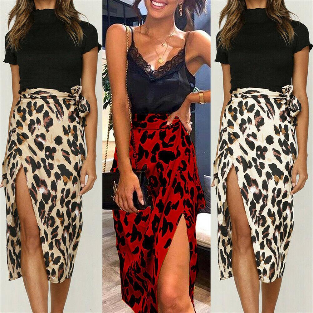 

leopard print split midi womens skirt high waist summer party cocktail wrap, Black