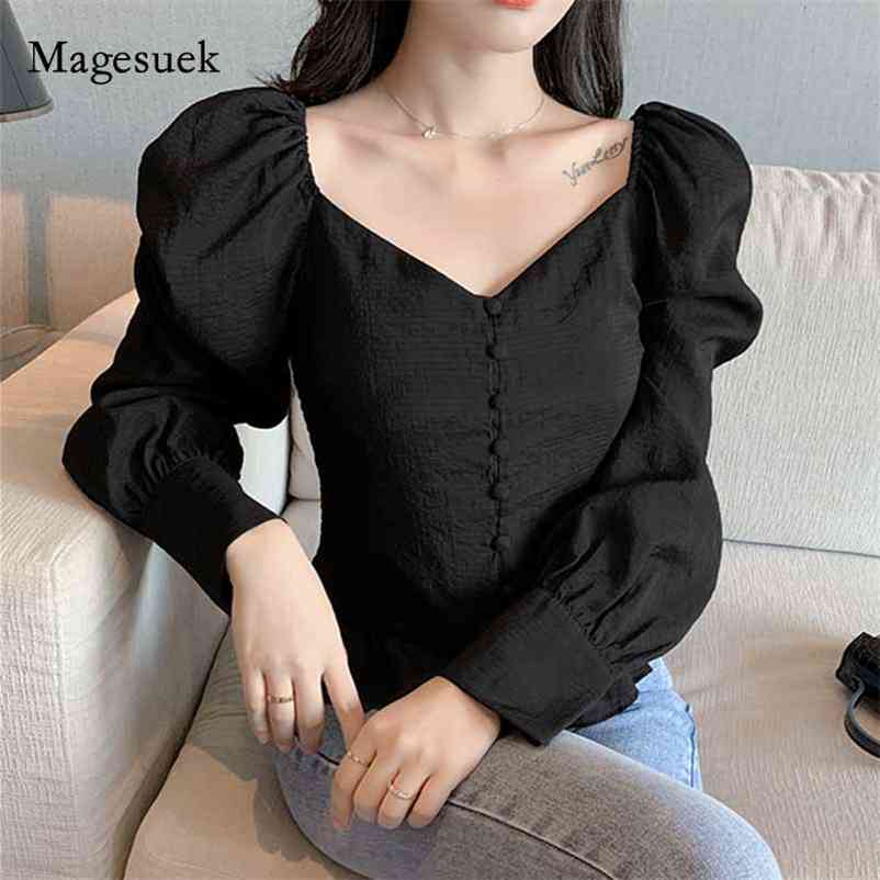 

Autumn Fashion Cardigan Korean Style Slim Fit Blouse Women Long Puff Sleeve Solid Black Tops V-Neck Shirts Blusas Mujer 10952 210518