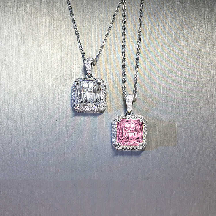 

Pink White Diamond Necklace Simple Princess Square Pendant For Women