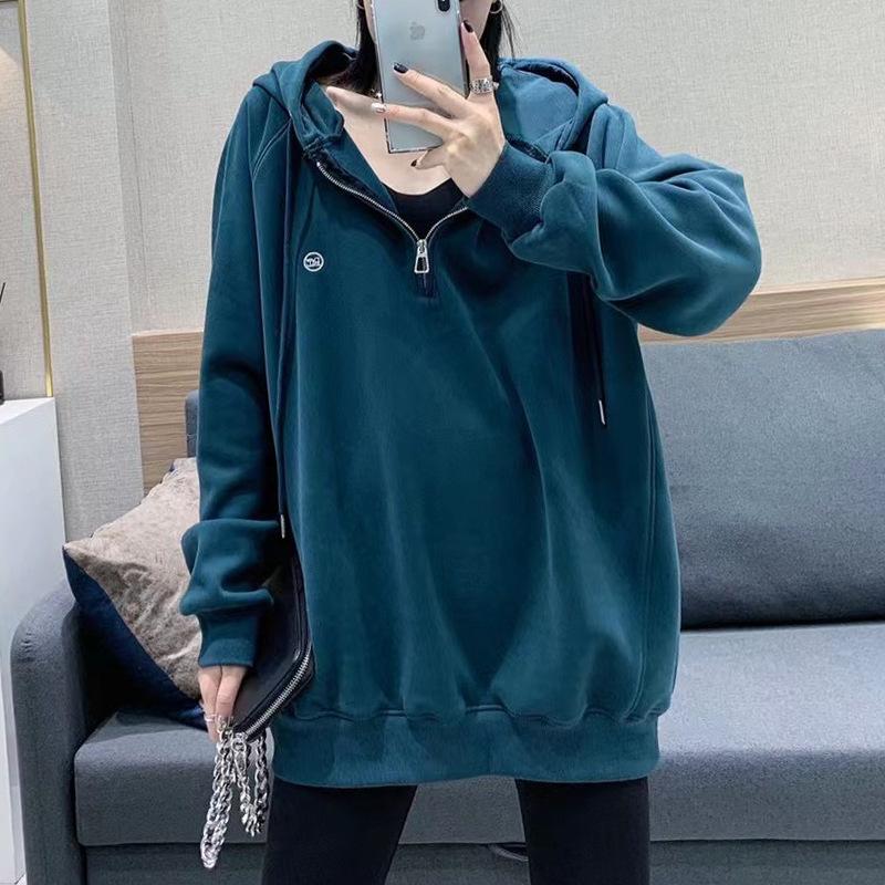 

Women's Hoodies & Sweatshirts Winter Large Size Woolen Fleece Coats Women Long Sleeve Half Zipper Thicken Oversized Hooded Sweatshirt Outerw, Black