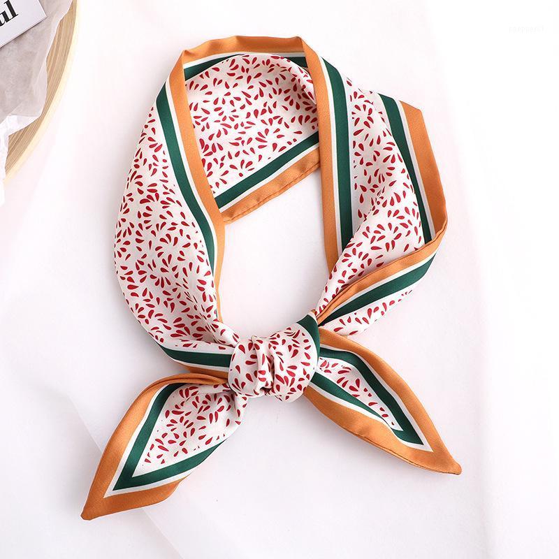 

Scarves 2021 Flower Print Women Silk Scarf Small Handle Bag Ribbons Female Head Hair Band Foulard90*10cm