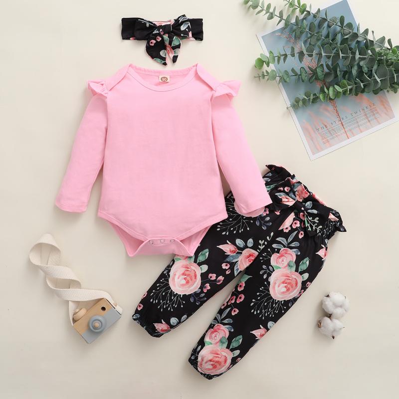 

Clothing Sets 3Pcs Baby Girl Clothes Set Born Infant Outfits Long Sleeve Top Jumpsuit Flower Pants Headband Spring Autumn, White