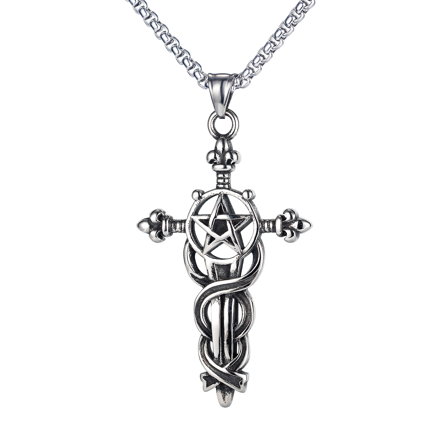 necklaces chain pendants for mens sliver personalized retro five-pointed star sword cross stainless steel jewelry to boys birthday gifts-image-704160881