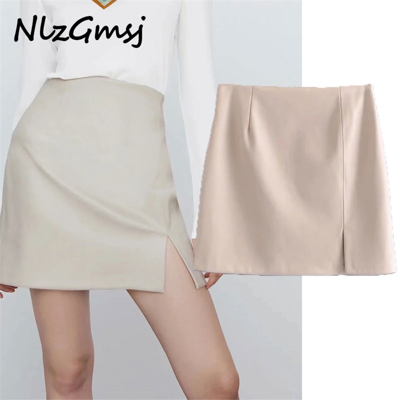 

Mini Skirt Women Vintage High Waist Leatherette Spring Skirts Woman Fashion Side Slit Back Zip Fitted 03 210628, As picture