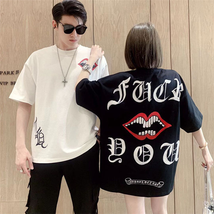 

Trendy Hearts/Chrome Crosin Hand Painted Sanskrit Large Lip Print Men's and Women's Casual Short Sleeve T-shirt, White