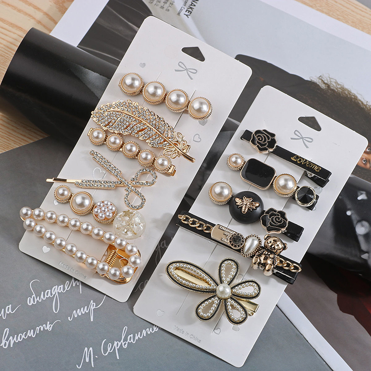 Korean six-piece hair Clips fashion simple retro pearl headpin woman original design Acrylic alloy hairpin word clip duckbill pin headdress acces-image-693136819