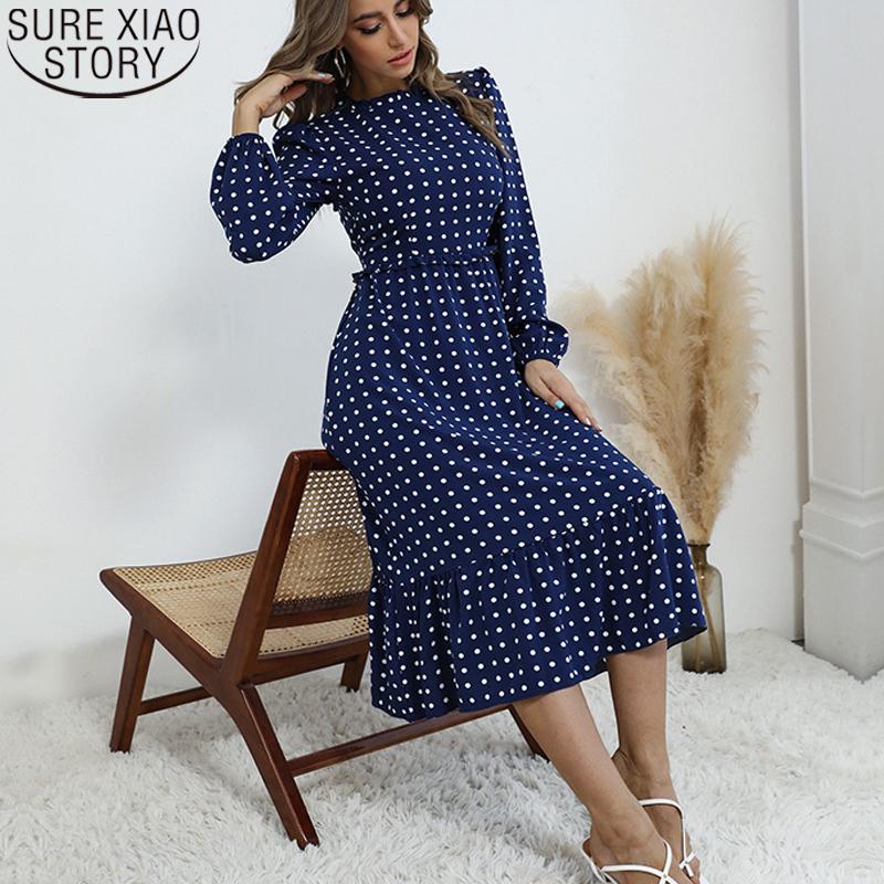 

Casual Dresses Women Polka Dot Print Chiffon Dress Fashion 2022 Autumn Winter Round Collar Midi Long Vestido Feminino 17754, Black;gray