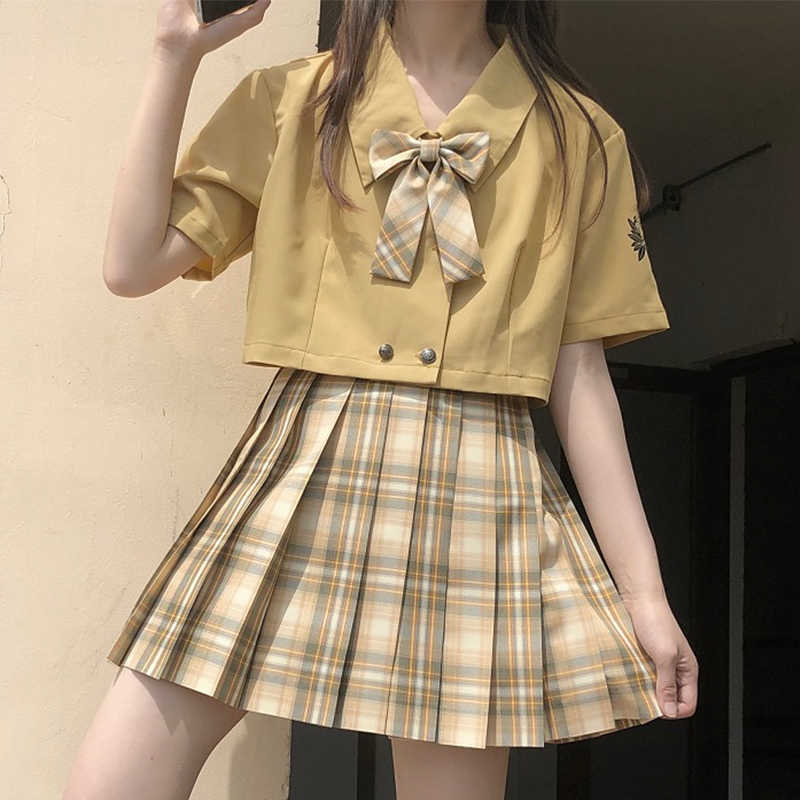 

Japanese ins casual Harajuku uniform plaid Mini Ulzzang high-waist pleated skirt suit sweet three-piece kawaii women set 210608, Skirt and bow
