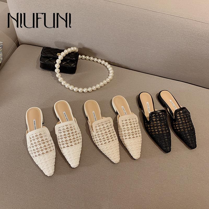 

Flat Bottom Women Shoes Half Baotou Women's Slippers Muller Hollow Pointed Sandals Black-White Casual Weave Solid Color