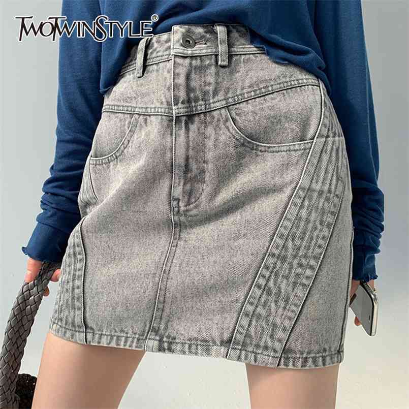 

Blue Casual Skirt For Women High Waist Pockets Solid Denim Mini Skirts Female Summer Clothing Fashion 210521, Gray