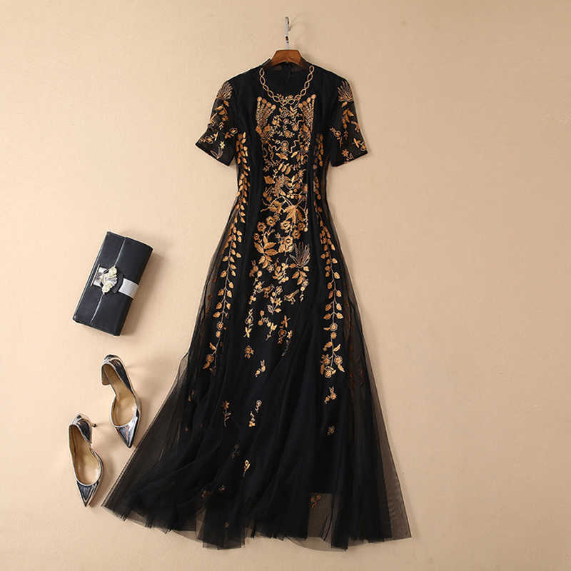 

Sale High QUALITY est Fashion Runway Designer Dresses Women' Elegant Short Sleeve Luxurious Embroidery Gauze Long Dress 210526, Blue