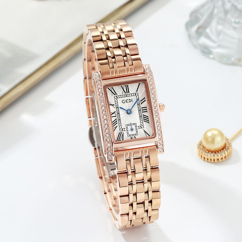 

Wristwatches Ladies Fashion Steel Band Small Square Watch Luxury Diamond-studded Room Gold Student, White