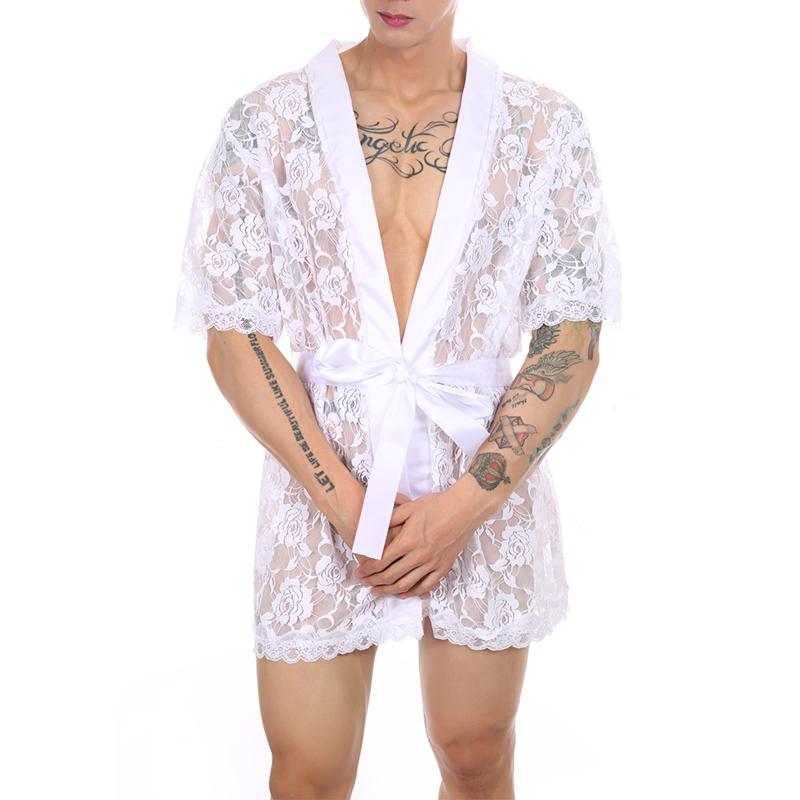 

Men' Sleepwear Sexy Men Lace Nightgown With Thong Mesh Printed Transparent Long Robes Beach Bathrobe Dressing Gown, White