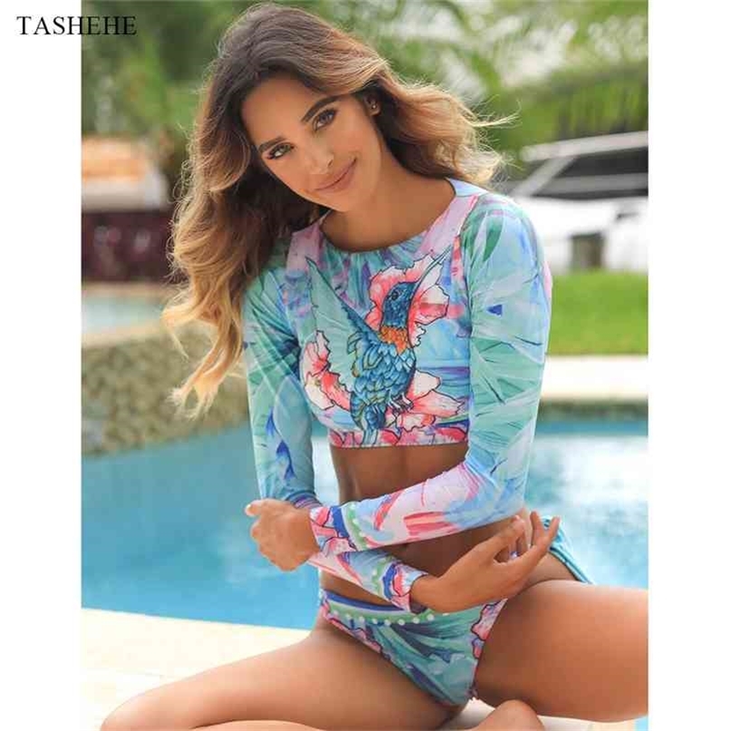 

Two-Piece Bikini Female Flower Print Long Sleeve Swimwear Women Bathing Suit Beachwear Brazilian Swimsuit Swimming 210702, Flowers