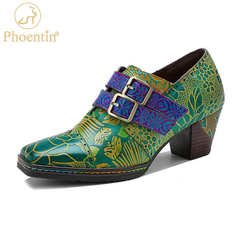 

Phoentin Green Ethnic Floral Handmade Women's Shoes 2021 Designer Mid Heels Genuine Leather Square Toe Hook&loop Pumps FT1486 Dress