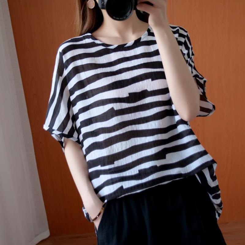 

Johnature Summer Fashion Striped O-neck Short Sleeve Pullover T-shirt Korean Loose Comfortable All-match Women Tops 210521, Black
