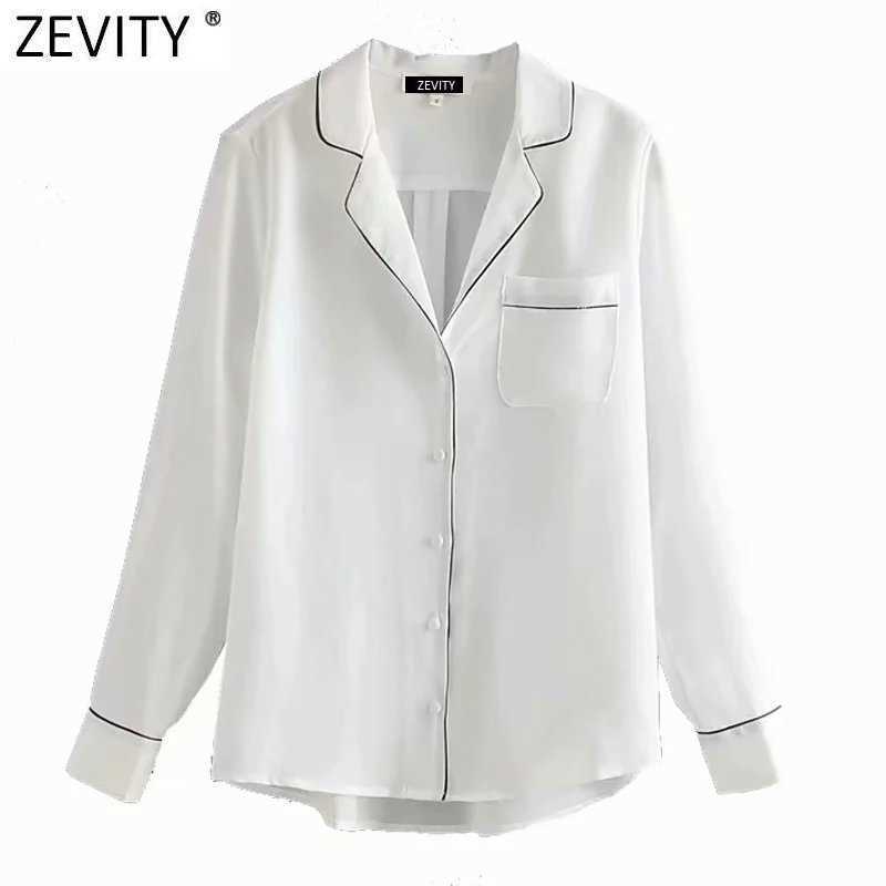 

Zevity Women Fashion Black Edge Turn Down Collar White Smock Blouse Office Lady Pocket Casual Shirt Chic Blusas Tops LS7632 210603, As pic ls7632stravy