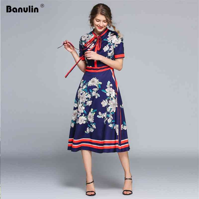 

Runway Summer Womans Midi Dress Bow Collar Floral Stripe Printed Female A-line Office Lady Party Knee-length es 210603, Blue