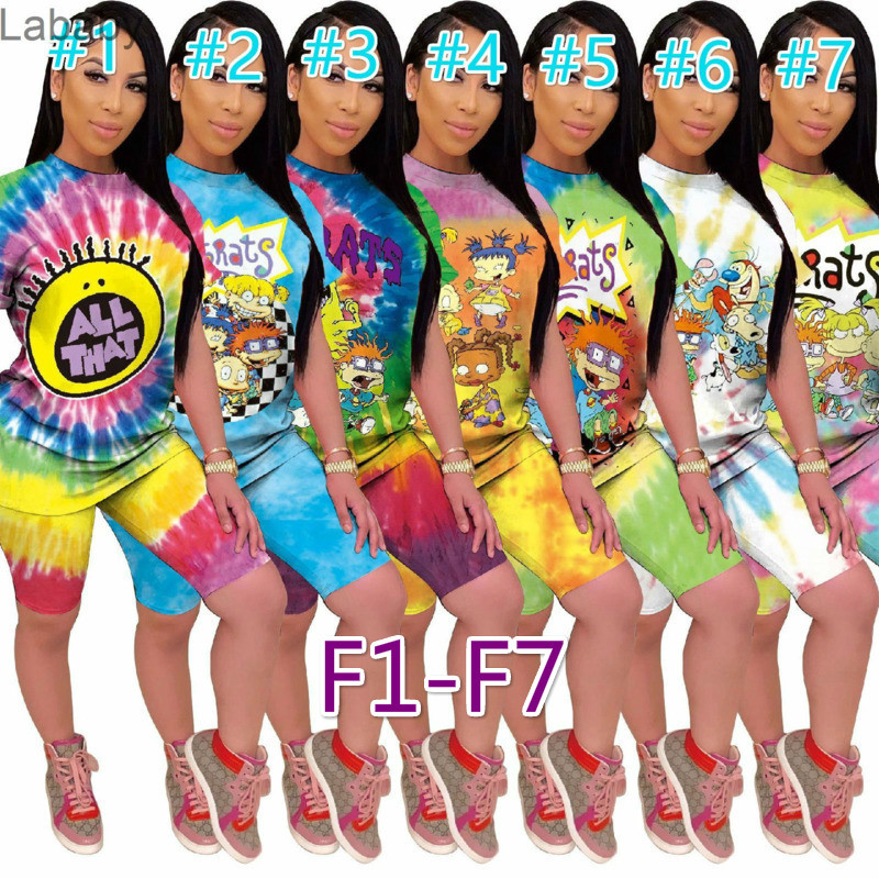 

Women Tracksuits Two Piece Shorts Set Designer Summer Letters Cartoon Printed Tie Dye Short Sleeve Shorts Sportsuits Outfits 8 Styles, Mix or remarks