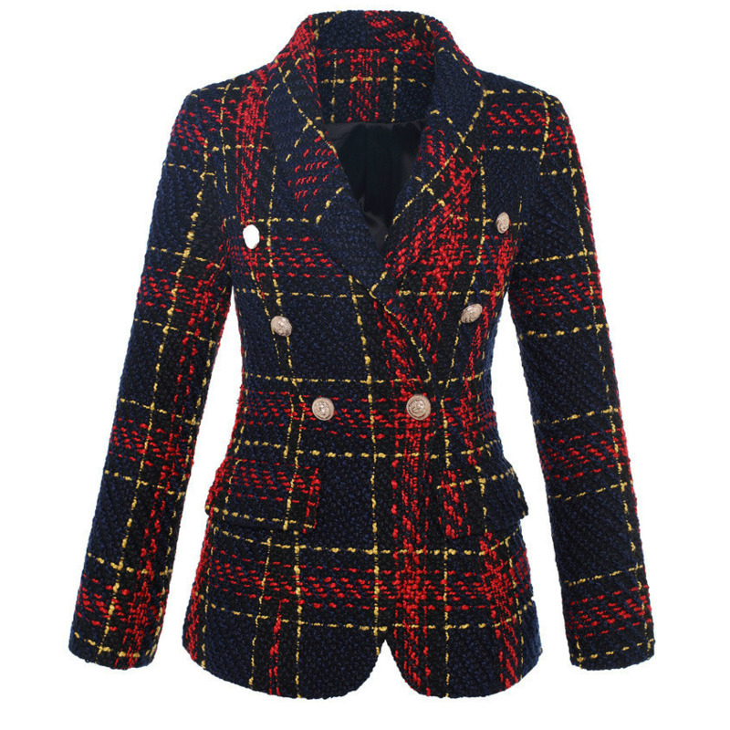 

Spring Arrivals Women Double Breasted Plaid Tweed Wool Blazer Outer Coat ML615 210525, Picture color