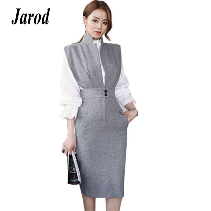 

Women 2 Piece Set Dress Autumn White Ruffles Stand Collar Blouse Top + Gray Sleeveless Notched Pencil Skirt 210519, Black